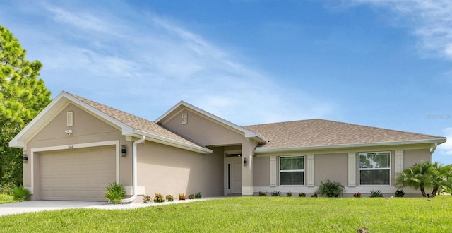 7664 Meroni Blvd, North Port, FL 34291 - single story home featuring stucco siding, a garage, a front lawn, roof with shingles, and driveway