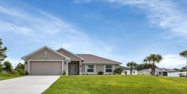 7664 Meroni Blvd, North Port, FL 34291 - ranch-style house with an attached garage, driveway, a front yard, and stucco siding