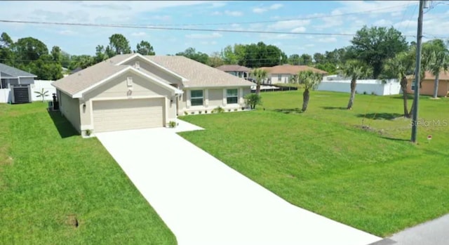 7664 Meroni Blvd, North Port, FL 34291 - ranch-style house featuring a garage, a front lawn, driveway, and cooling unit