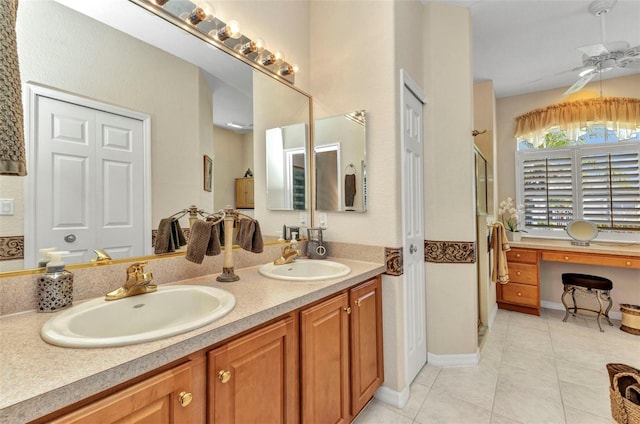 24371 Folkstone Ave, Punta Gorda, FL 33980 - full bath featuring tile patterned flooring, ceiling fan, double vanity, and a shower