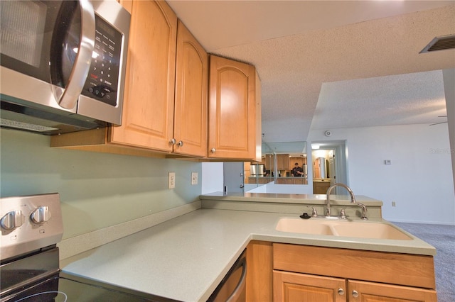 3006 Caring Way Unit 615, Port Charlotte, FL 33952 - kitchen featuring stainless steel appliances, a sink, a peninsula, light countertops, and a textured ceiling