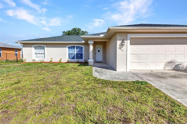 ranch-style house with stucco siding, concrete driveway, and a garage