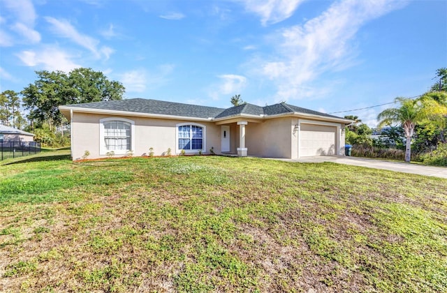 ranch-style home with concrete driveway, a garage, and stucco siding