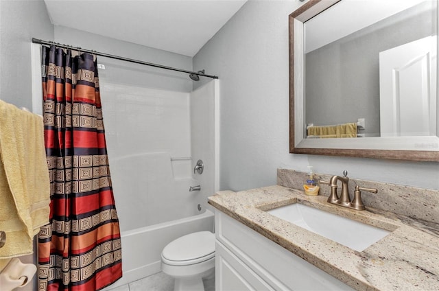 bathroom featuring toilet, vanity, shower / bathtub combination with curtain, and tile patterned floors