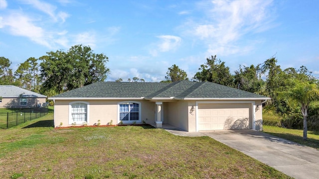 ranch-style house with an attached garage, stucco siding, and concrete driveway