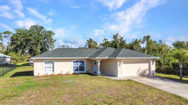 ranch-style house with an attached garage, stucco siding, and concrete driveway