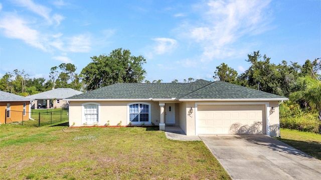 ranch-style house featuring a garage, driveway, stucco siding, and roof with shingles
