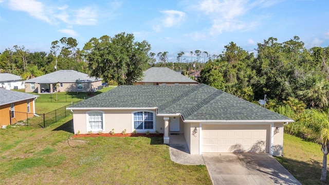 ranch-style home featuring a garage, stucco siding, concrete driveway, and a shingled roof