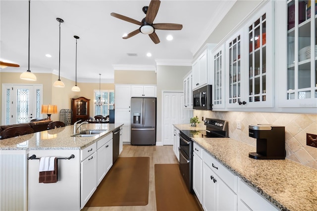 19246 Moore Haven Ct, Port Charlotte, FL 33948 - kitchen with stainless steel appliances, a sink, ceiling fan, crown molding, and plenty of natural light