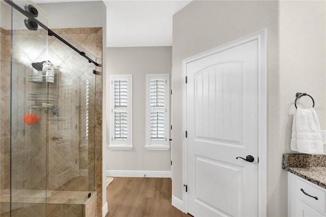 19246 Moore Haven Ct, Port Charlotte, FL 33948 - full bath with a shower stall, vanity, wood finished floors, and baseboards