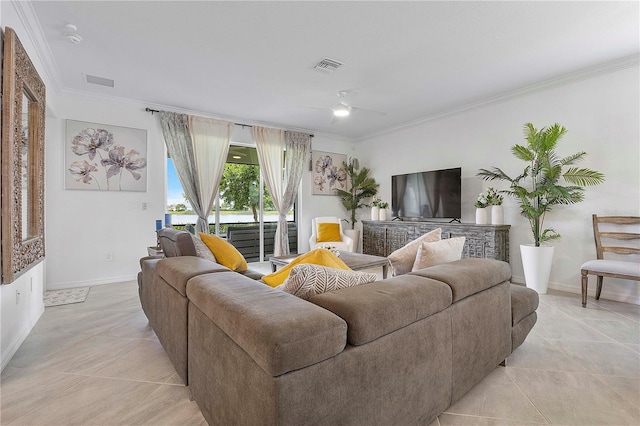 17620 Winding Wood Ln, Punta Gorda, FL 33982 - living room with crown molding, light tile patterned flooring, a ceiling fan, and baseboards
