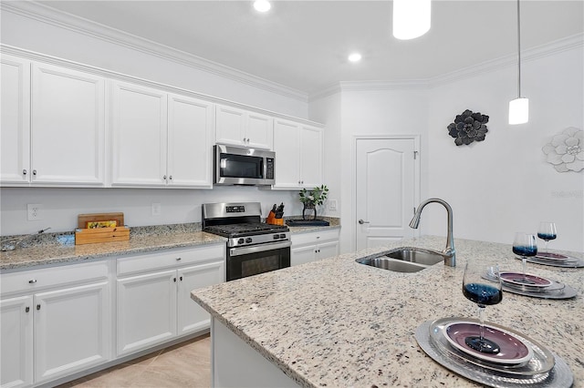 17620 Winding Wood Ln, Punta Gorda, FL 33982 - kitchen featuring stainless steel appliances, a sink, white cabinets, ornamental molding, and light stone countertops