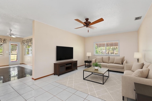 485 Dorchester St, Port Charlotte, FL 33954 - living room with ceiling fan, a textured ceiling, plenty of natural light, and light tile patterned flooring
