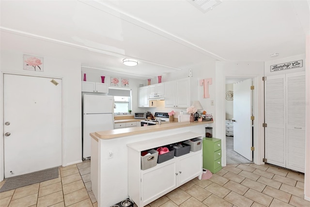 25100 Sandhill Blvd Unit F-203, Punta Gorda, FL 33983 - kitchen featuring white appliances, a peninsula, light countertops, white cabinetry, and under cabinet range hood