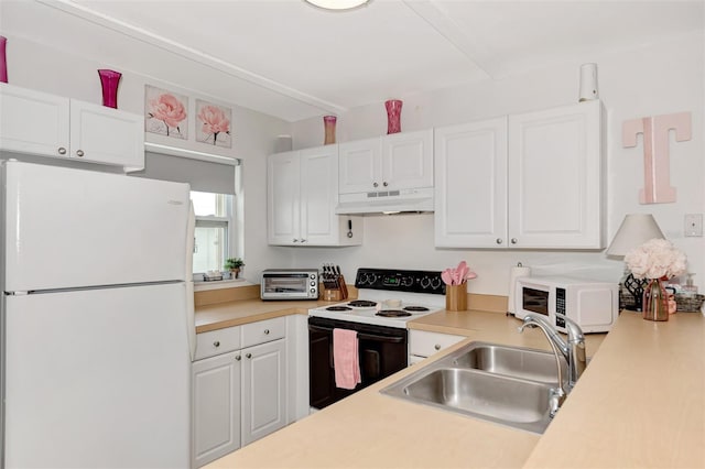 25100 Sandhill Blvd Unit F-203, Punta Gorda, FL 33983 - kitchen with white appliances, under cabinet range hood, a sink, and white cabinetry
