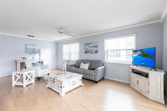 living area with a ceiling fan, crown molding, light wood finished floors, and plenty of natural light