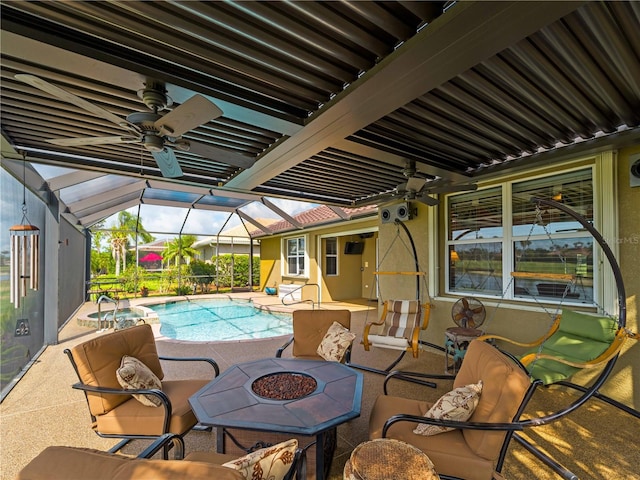 5461 White Ibis Dr, North Port, FL 34287 - view of swimming pool with ceiling fan, a patio area, a lanai, and a pool with connected hot tub