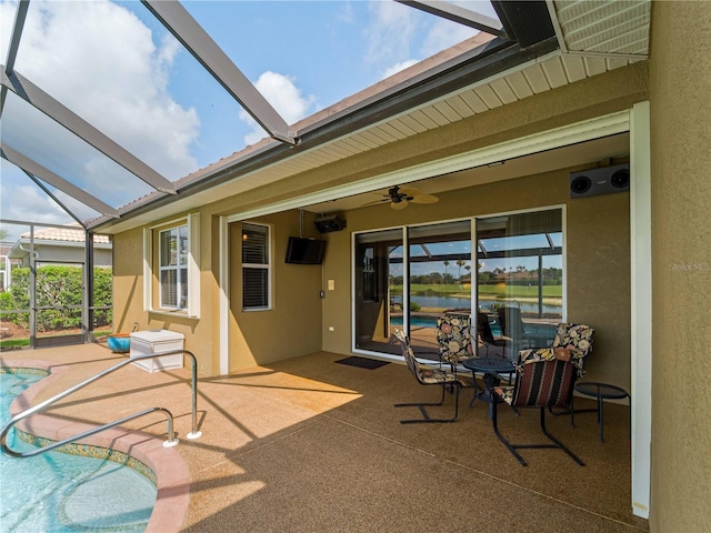 5461 White Ibis Dr, North Port, FL 34287 - view of patio / terrace featuring glass enclosure, an outdoor pool, and a ceiling fan