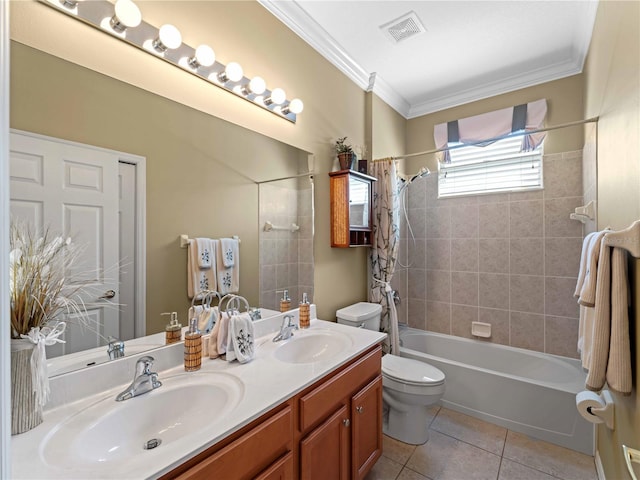 5461 White Ibis Dr, North Port, FL 34287 - full bath with toilet, shower / bath combo, double vanity, crown molding, and tile patterned flooring