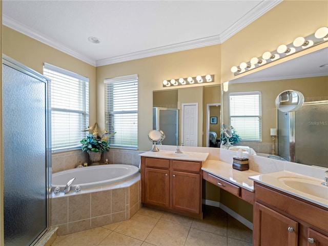 5461 White Ibis Dr, North Port, FL 34287 - bathroom featuring a shower stall, tile patterned floors, double vanity, healthy amount of natural light, and ornamental molding