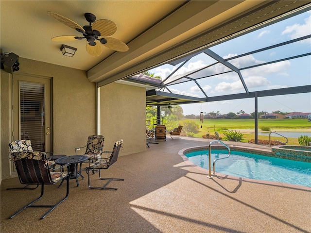 5461 White Ibis Dr, North Port, FL 34287 - view of pool with a patio area, ceiling fan, a pool with connected hot tub, and a lanai