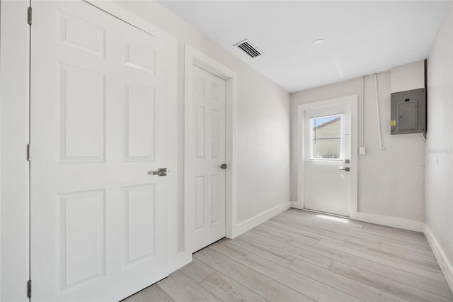 10517 Greenway Ave, Englewood, FL 34224 - entryway featuring baseboards, electric panel, and light wood-style flooring
