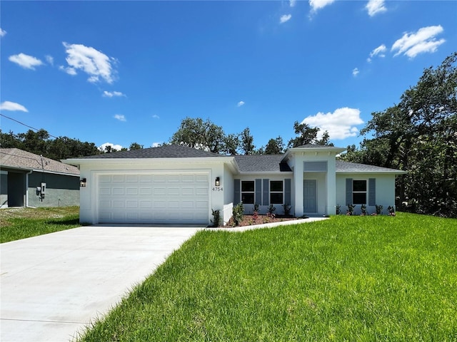 single story home with a garage, concrete driveway, stucco siding, a front lawn, and a shingled roof