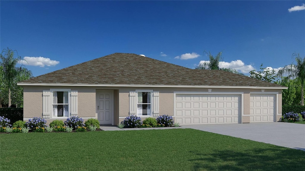 view of front of house featuring concrete driveway, a garage, a front lawn, and stucco siding