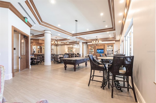 3329 Sunset Key Cir Unit 107, Punta Gorda, FL 33955 - rec room featuring crown molding, light wood-type flooring, baseboards, billiards, and decorative columns