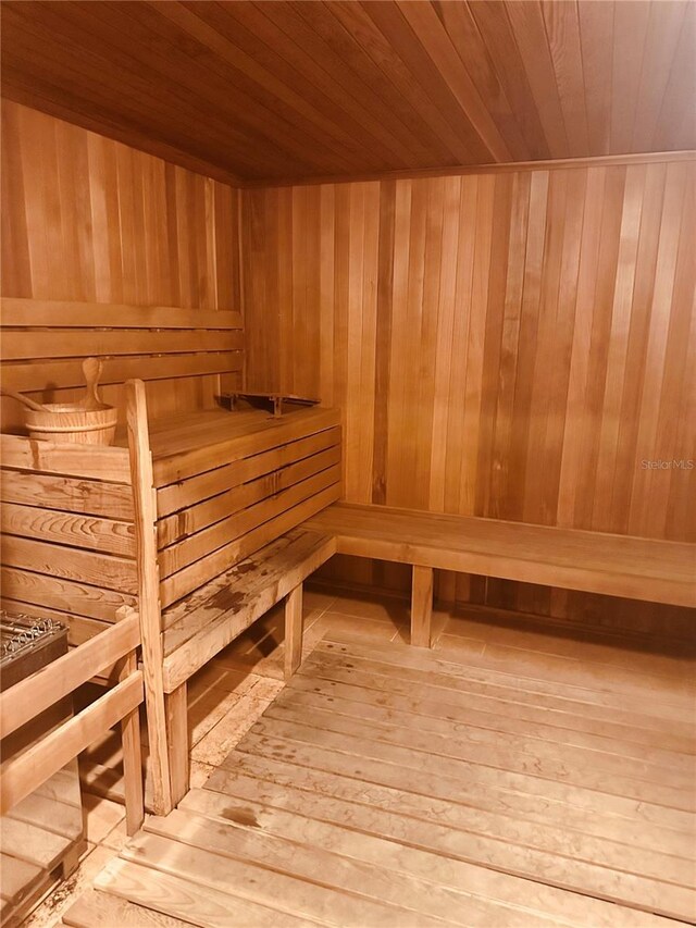 3329 Sunset Key Cir Unit 107, Punta Gorda, FL 33955 - sauna / steam room with wood walls, wooden ceiling, and hardwood / wood-style floors