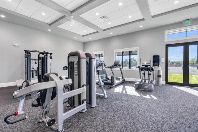 14267 Heritage Landing Blvd Unit 1223, Punta Gorda, FL 33955 - gym featuring french doors, baseboards, carpet flooring, coffered ceiling, and recessed lighting