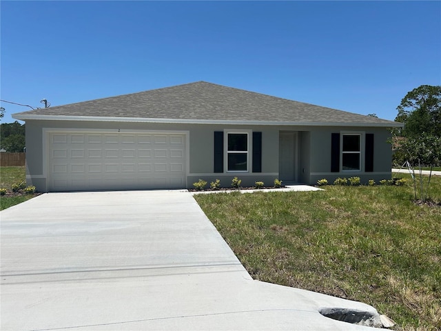 ranch-style house featuring driveway, an attached garage, a front lawn, and stucco siding
