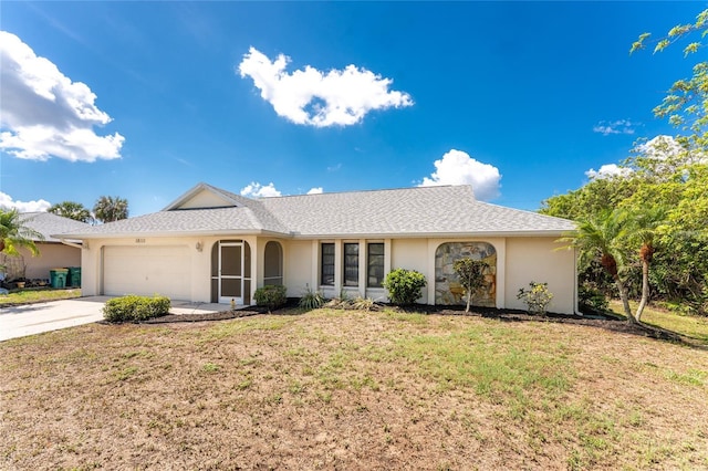 18111 Lake Worth Blvd, Port Charlotte, FL 33948 - ranch-style house featuring stucco siding, an attached garage, a front lawn, and driveway