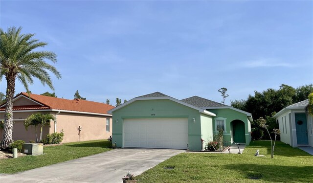 13170 SW Pembroke Cir N, Lake Suzy, FL 34269 - ranch-style house with an attached garage, driveway, stucco siding, and a front lawn