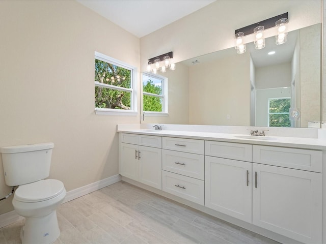 full bath featuring toilet, double vanity, healthy amount of natural light, and baseboards