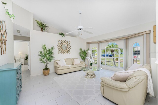 279 Mariner Ln, Rotonda West, FL 33947 - living area featuring ceiling fan, high vaulted ceiling, and light tile patterned flooring