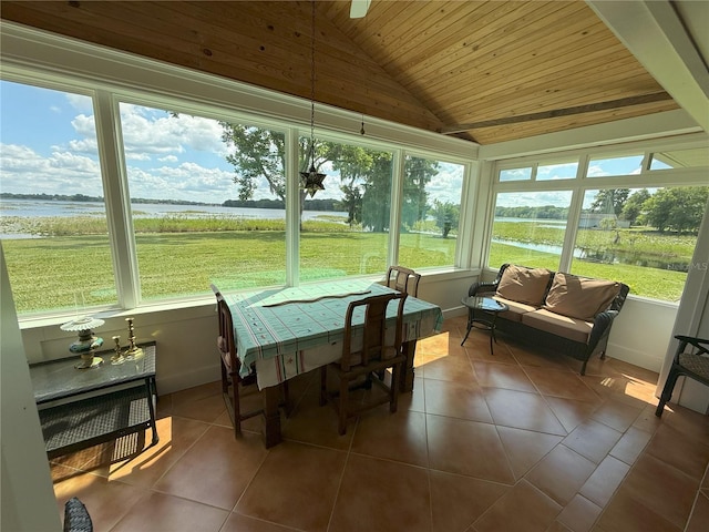 1005 S Sands Paradise Pt, Inverness, FL 34450 - sunroom / solarium featuring wooden ceiling, tile patterned floors, vaulted ceiling, and a water view
