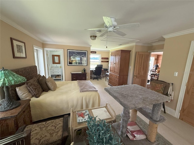 1005 S Sands Paradise Pt, Inverness, FL 34450 - carpeted bedroom featuring ornamental molding, an office area, and ceiling fan