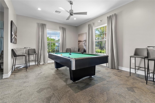 25312 E Lenox Cir, Punta Gorda, FL 33950 - recreation room featuring healthy amount of natural light, pool table, carpet floors, a ceiling fan, and recessed lighting