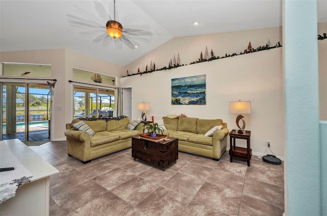 living room with lofted ceiling, a ceiling fan, and baseboards