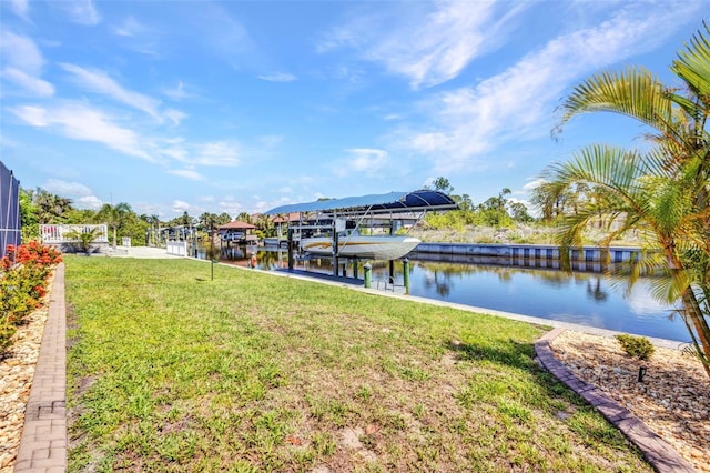 dock area featuring boat lift, a water view, and a yard