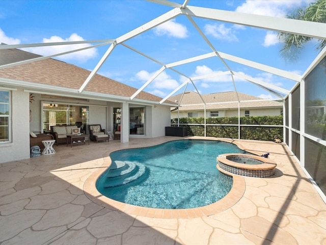 85 Long Meadow Ct, Rotonda West, FL 33947 - view of pool featuring an outdoor living space, a patio, a pool with connected hot tub, central AC unit, and a lanai