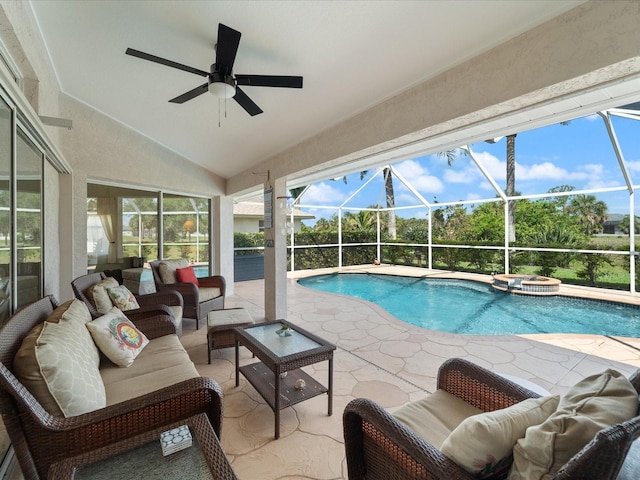85 Long Meadow Ct, Rotonda West, FL 33947 - view of pool featuring an outdoor living space, a patio area, ceiling fan, a pool with connected hot tub, and a lanai
