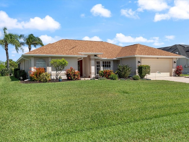 85 Long Meadow Ct, Rotonda West, FL 33947 - ranch-style home with a front yard, an attached garage, driveway, and stucco siding