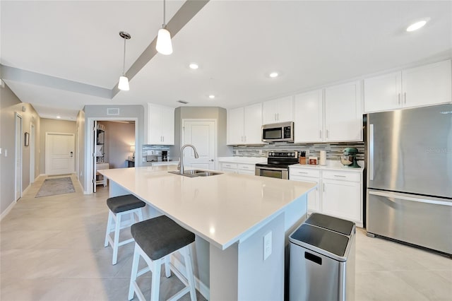 14271 Heritage Landing Blvd Unit 1516, Punta Gorda, FL 33955 - kitchen featuring stainless steel appliances, a sink, decorative backsplash, a kitchen breakfast bar, and white cabinetry