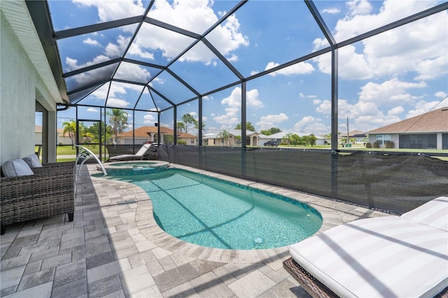 25308 Rupert Rd, Punta Gorda, FL 33983 - view of pool with a patio area, a pool with connected hot tub, glass enclosure, a residential view, and a fenced backyard