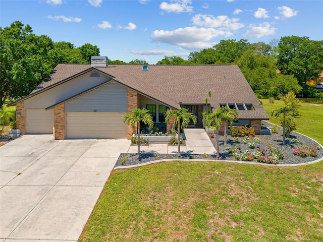 501 Fairmont Ter, Port Charlotte, FL 33954 - mid-century modern home with driveway, a garage, brick siding, a front lawn, and roof with shingles