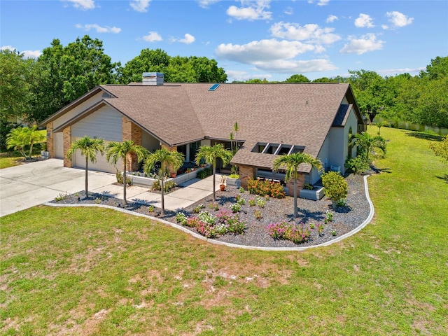 501 Fairmont Ter, Port Charlotte, FL 33954 - view of front of house with driveway, a garage, a shingled roof, a front yard, and a chimney