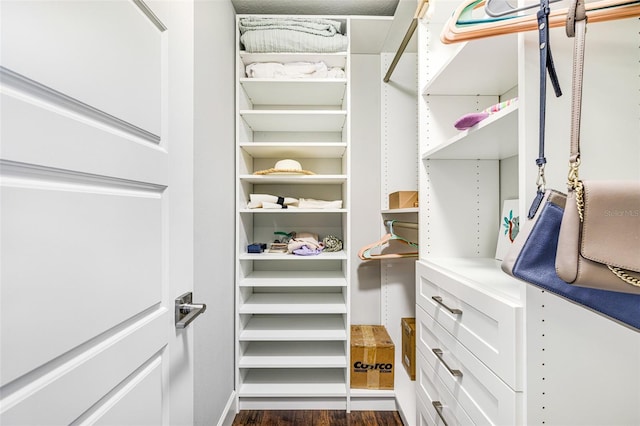 walk in closet featuring dark wood-style flooring