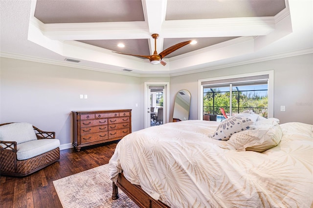 bedroom featuring access to outside, coffered ceiling, hardwood / wood-style flooring, ornamental molding, and beamed ceiling